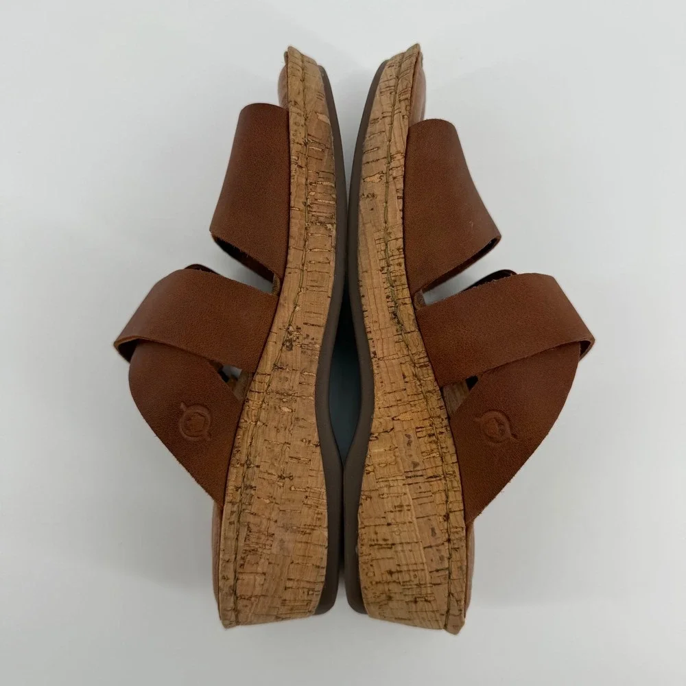 Born Brown Leather Cork Wedge Slide Sandals